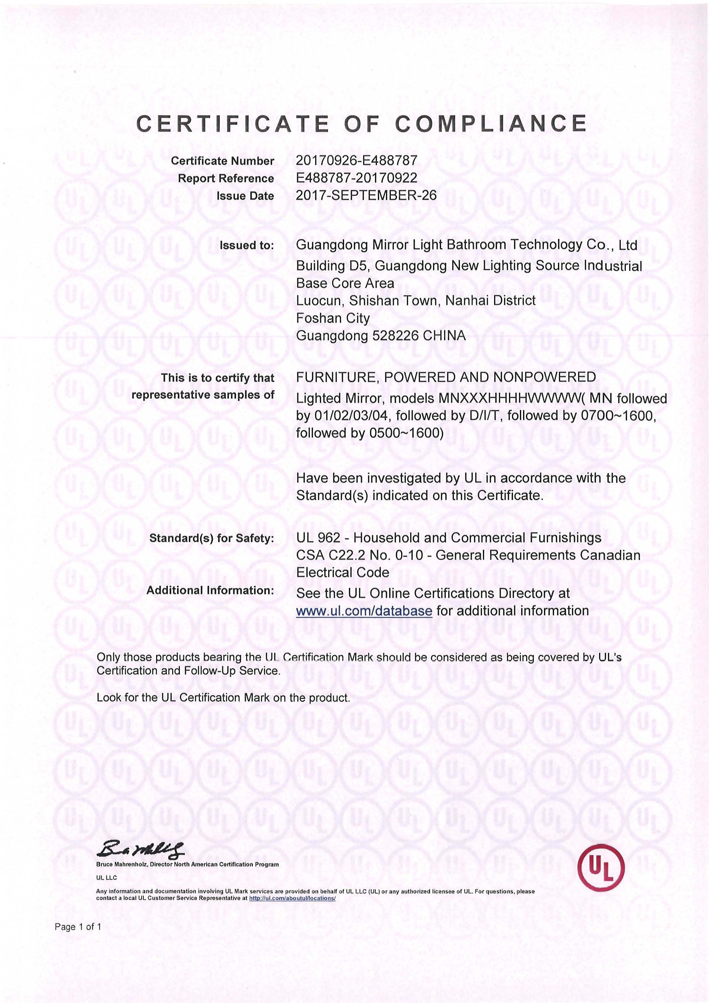 UL Certificate for illuminated mirrors